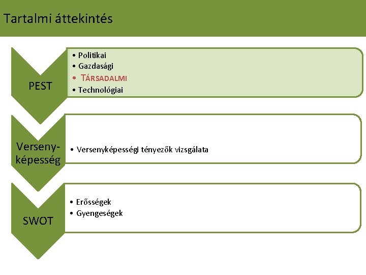 Tartalmi áttekintés • Politikai • Gazdasági PEST Versenyképesség SWOT • TÁRSADALMI • Technológiai •