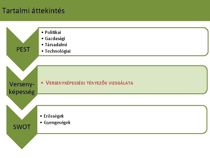 Tartalmi áttekintés PEST • Politikai • Gazdasági • Társadalmi • Technológiai Verseny- • VERSENYKÉPESSÉGI