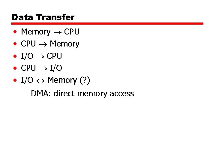 Data Transfer • • • Memory CPU Memory I/O CPU I/O Memory (? )