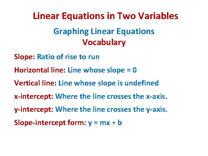 Linear Equations in Two Variables Graphing Linear Equations Vocabulary Slope: Ratio of rise to