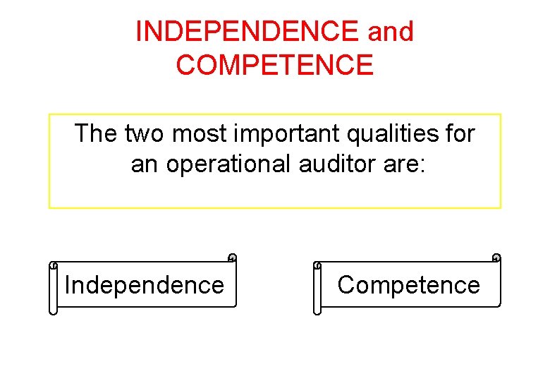 INDEPENDENCE and COMPETENCE The two most important qualities for an operational auditor are: Independence