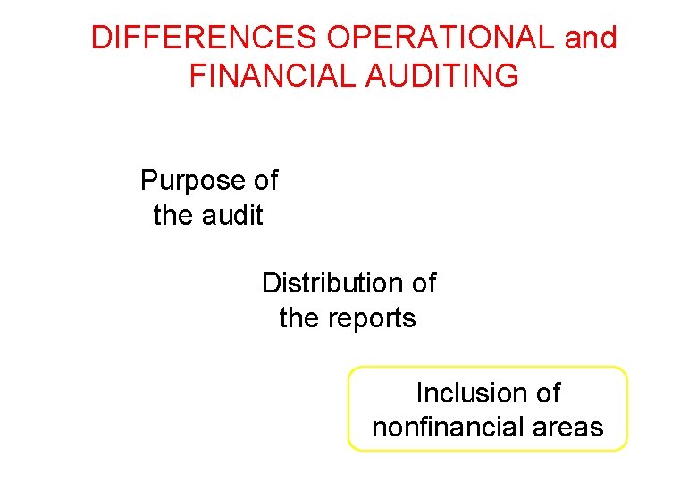 DIFFERENCES OPERATIONAL and FINANCIAL AUDITING Purpose of the audit Distribution of the reports Inclusion