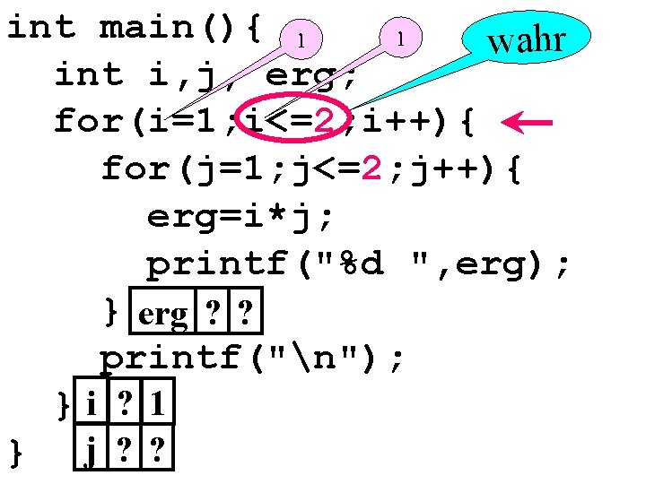 int main(){ 1 1 wahr int i, j, erg; for(i=1; i<=2; i++){ for(j=1; j<=2;