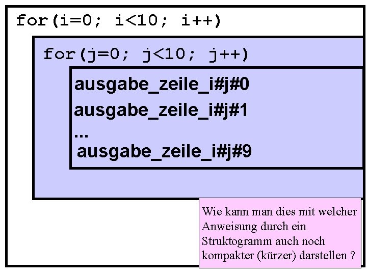 for(i=0; i<10; i++) for(j=0; j<10; j++) ausgabe_zeile_i#j#0 ausgabe_zeile_i#j#1. . . ausgabe_zeile_i#j#9 Wie kann man