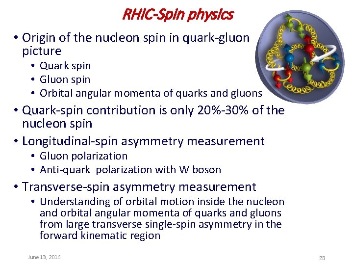 RHIC-Spin physics • Origin of the nucleon spin in quark-gluon picture • Quark spin