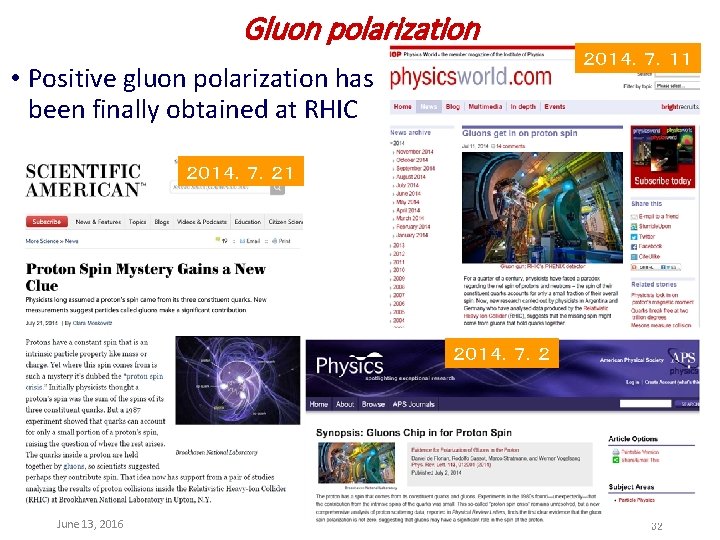 Gluon polarization ２０１４．７．１１ • Positive gluon polarization has been finally obtained at RHIC ２０１４．７．２１
