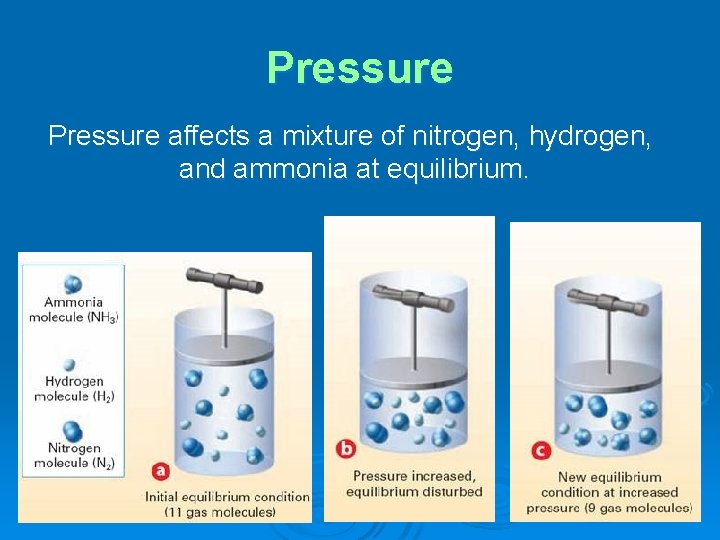 Pressure affects a mixture of nitrogen, hydrogen, and ammonia at equilibrium. 
