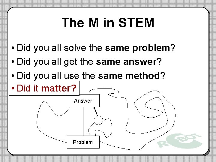 The M in STEM • Did you all solve the same problem? • Did