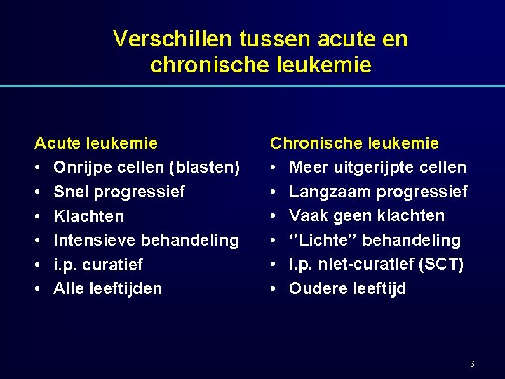 Verschillen tussen acute en chronische leukemie Acute leukemie • Onrijpe cellen (blasten) • Snel