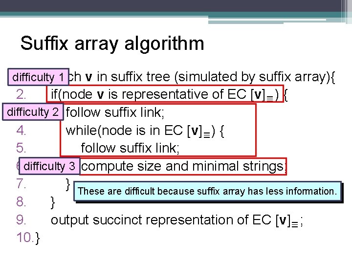 Suffix array algorithm 1. foreach v in suffix tree (simulated by suffix array){ difficulty