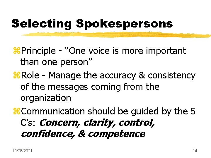 Selecting Spokespersons z. Principle - “One voice is more important than one person” z.