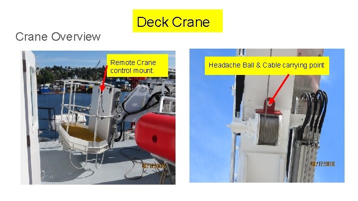 Crane Overview Deck Crane Remote Crane control mount. Headache Ball & Cable carrying point