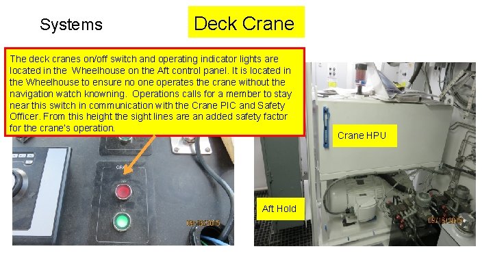 Systems Deck Crane The deck cranes on/off switch and operating indicator lights are located