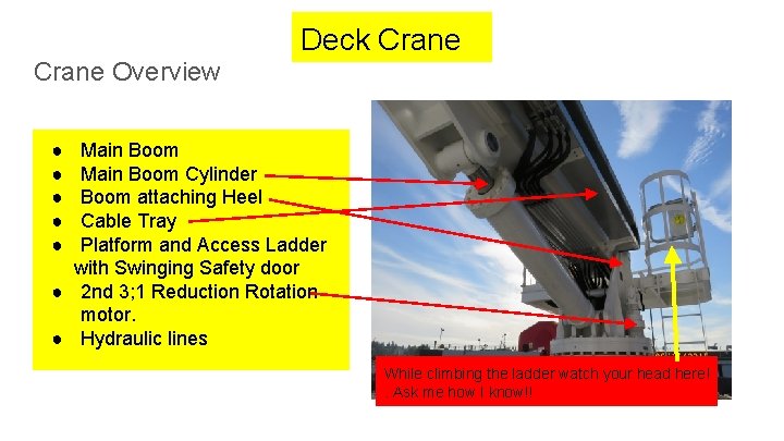 Deck Crane Overview ● ● ● Main Boom Cylinder Boom attaching Heel Cable Tray