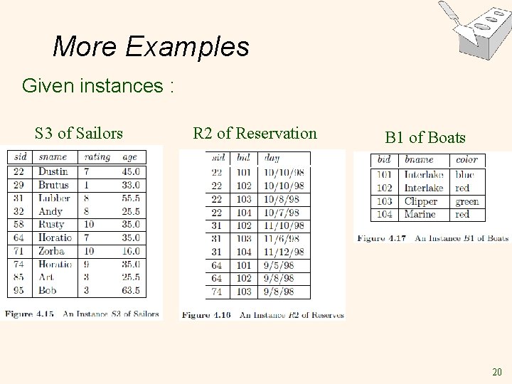 More Examples Given instances : S 3 of Sailors R 2 of Reservation B