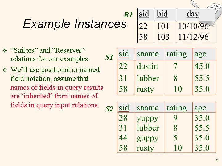 R 1 Example Instances v v “Sailors” and “Reserves” S 1 relations for our