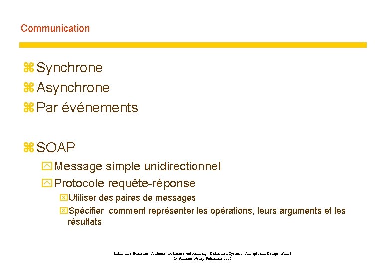 Communication z Synchrone z Asynchrone z Par événements z SOAP y. Message simple unidirectionnel