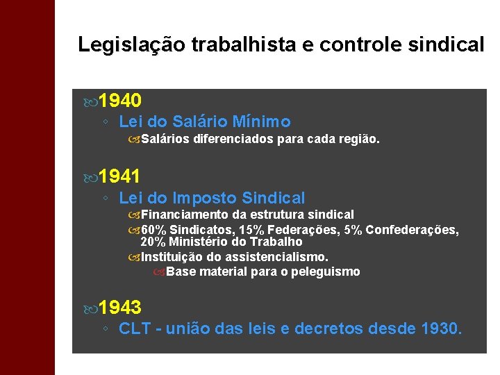 Legislação trabalhista e controle sindical 1940 ◦ Lei do Salário Mínimo Salários diferenciados para