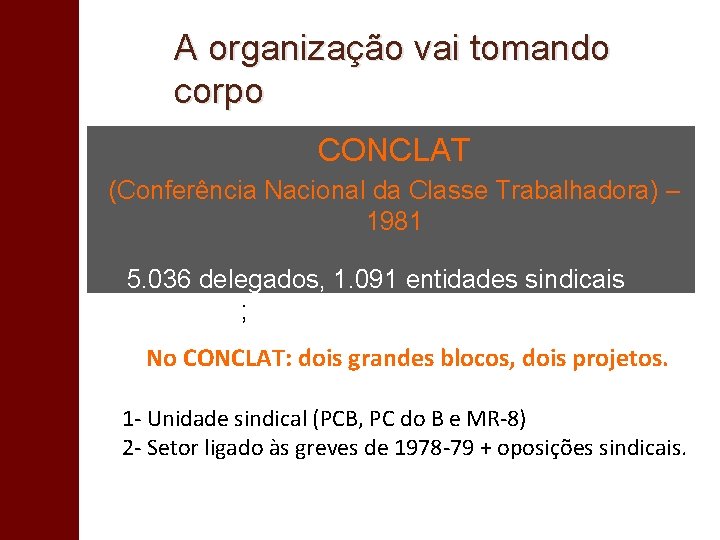 A organização vai tomando corpo CONCLAT (Conferência Nacional da Classe Trabalhadora) – 1981 5.