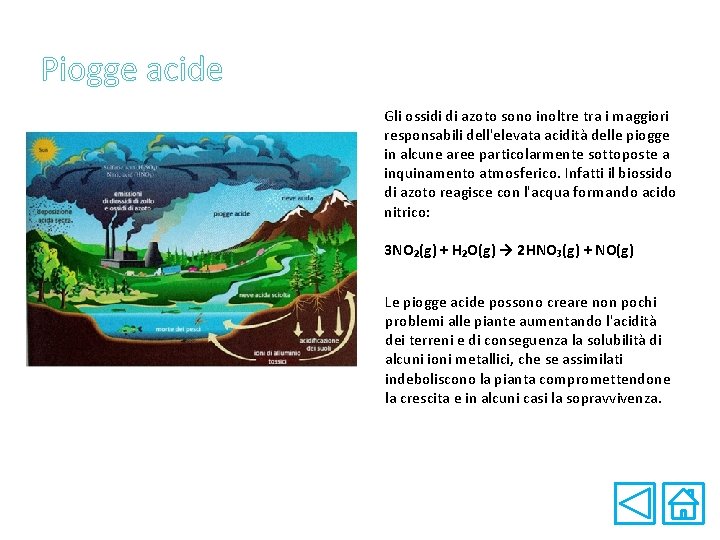 Piogge acide Gli ossidi di azoto sono inoltre tra i maggiori responsabili dell'elevata acidità