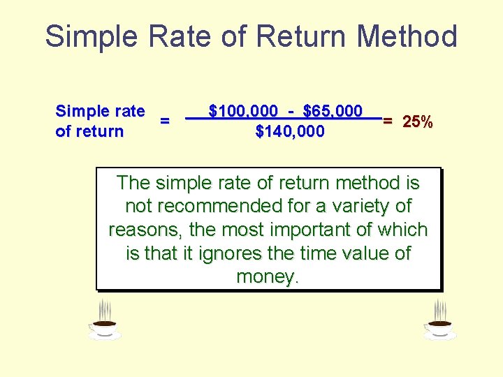 Simple Rate of Return Method Simple rate = of return $100, 000 - $65,