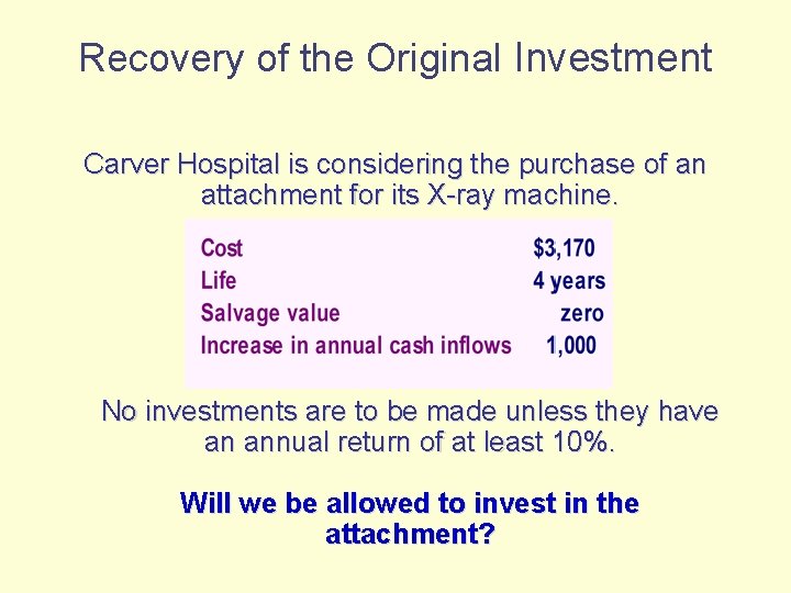 Recovery of the Original Investment Carver Hospital is considering the purchase of an attachment