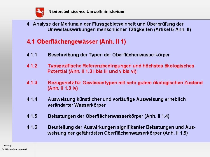 Niedersächsisches Umweltministerium 4 Analyse der Merkmale der Flussgebietseinheit und Überprüfung der Umweltauswirkungen menschlicher Tätigkeiten