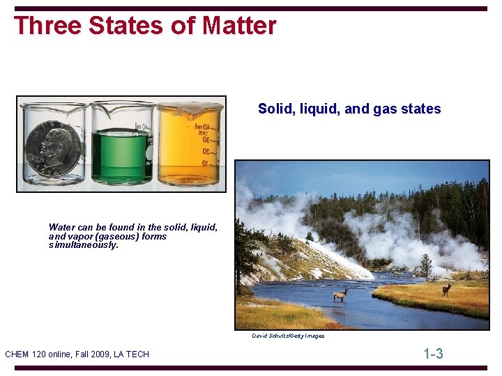 Three States of Matter Solid, liquid, and gas states Water can be found in