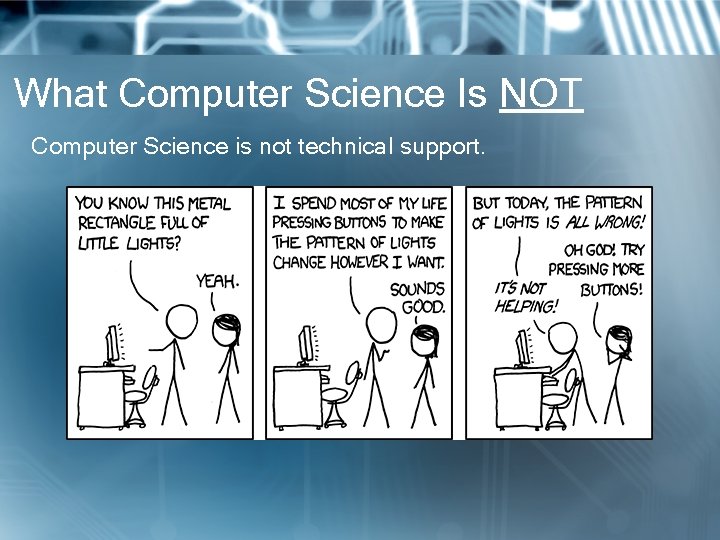 What Computer Science Is NOT Computer Science is not technical support. 