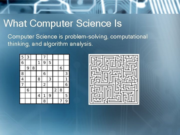 What Computer Science Is Computer Science is problem-solving, computational thinking, and algorithm analysis. 