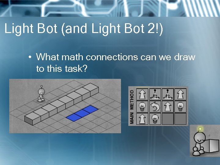 Light Bot (and Light Bot 2!) • What math connections can we draw to