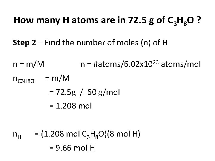 How many H atoms are in 72. 5 g of C 3 H 8