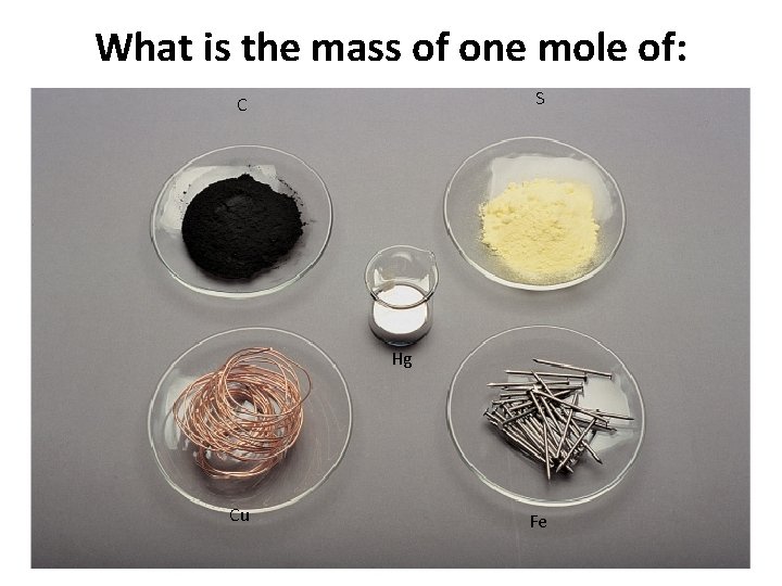 What is the mass of one mole of: S C Hg Cu Fe 