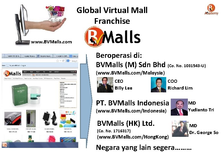 Global Virtual Mall Franchise www. BVMalls. com Beroperasi di: BVMalls (M) Sdn Bhd (Co.