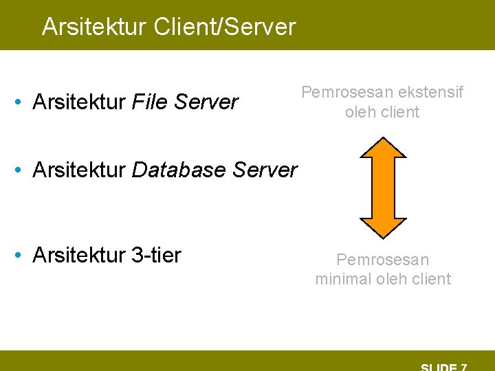 Arsitektur Client/Server • Arsitektur File Server Pemrosesan ekstensif oleh client • Arsitektur Database Server