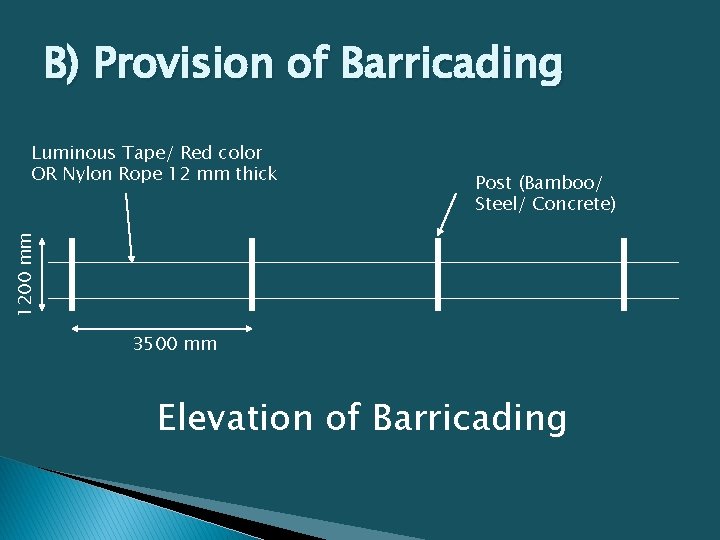B) Provision of Barricading Post (Bamboo/ Steel/ Concrete) 1200 mm Luminous Tape/ Red color