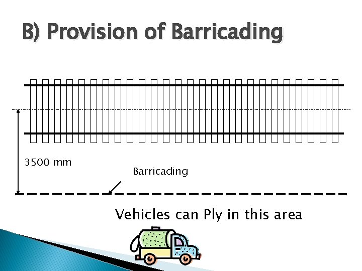 B) Provision of Barricading 3500 mm Barricading Vehicles can Ply in this area 