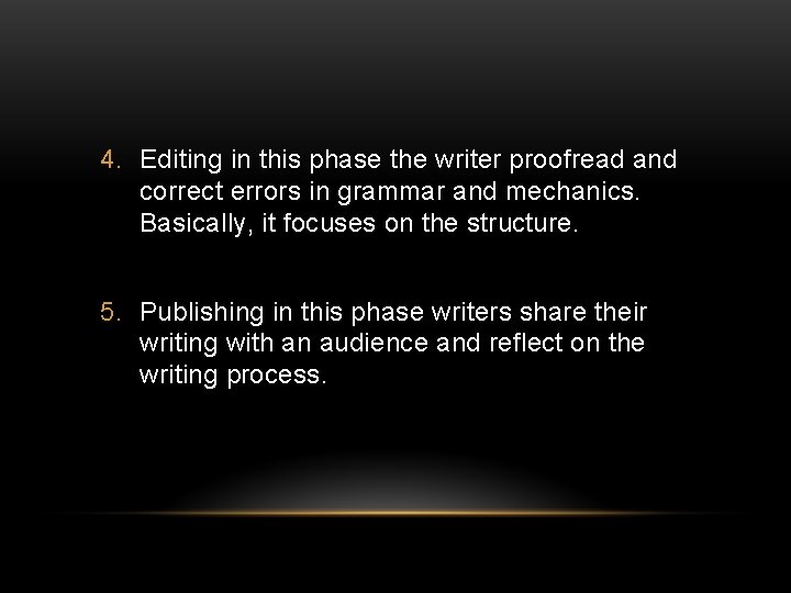 4. Editing in this phase the writer proofread and correct errors in grammar and