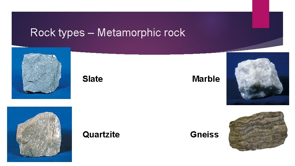 Rock types – Metamorphic rock Slate Marble Quartzite Gneiss 