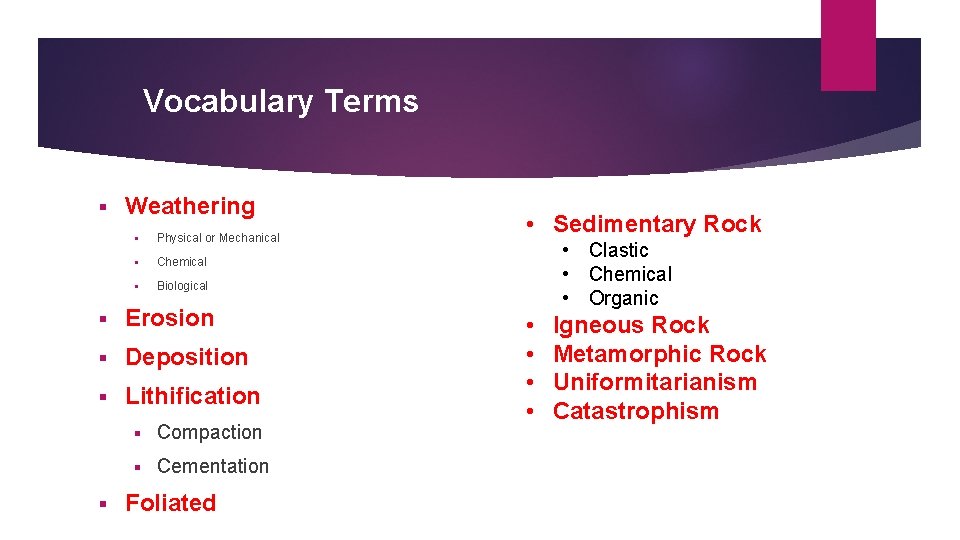 Vocabulary Terms § Weathering § Physical or Mechanical § Chemical § Biological § Erosion