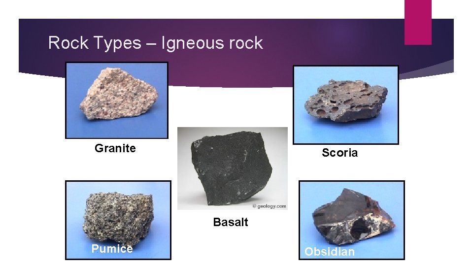 Rock Types – Igneous rock Granite Scoria Basalt Pumice Obsidian 