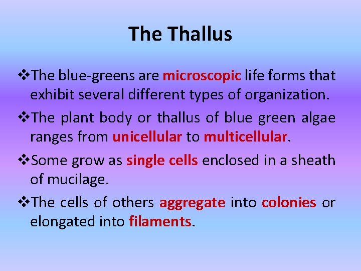 The Thallus v. The blue-greens are microscopic life forms that exhibit several different types