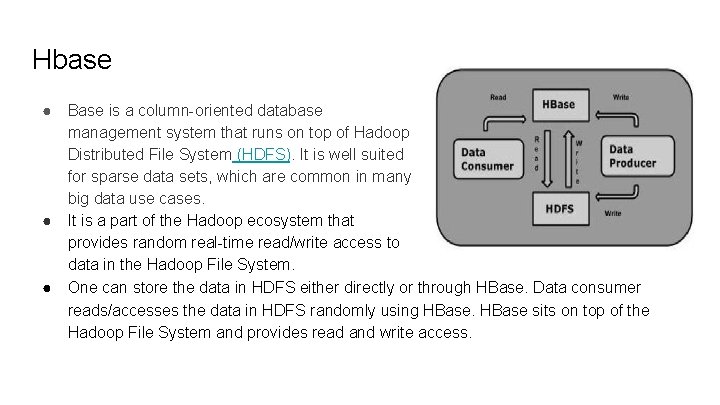Hbase ● ● ● Base is a column-oriented database management system that runs on Hbase ● ● ● Base is a column-oriented database management system that runs on
