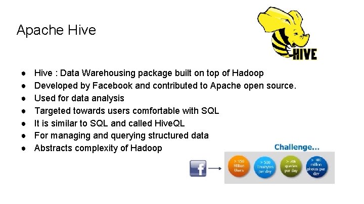 Apache Hive ● ● ● ● Hive : Data Warehousing package built on top Apache Hive ● ● ● ● Hive : Data Warehousing package built on top
