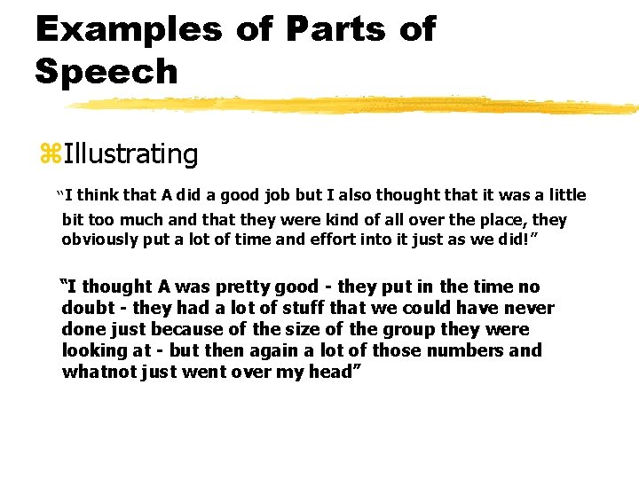 Examples of Parts of Speech z. Illustrating “I think that A did a good
