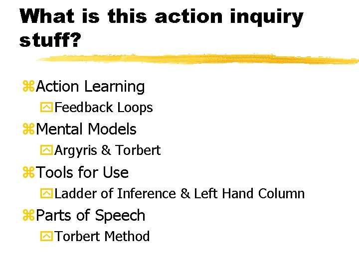 What is this action inquiry stuff? z. Action Learning y. Feedback Loops z. Mental