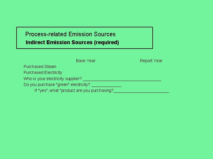 Process-related Emission Sources Indirect Emission Sources (required) Base Year Report Year Purchased Steam Purchased
