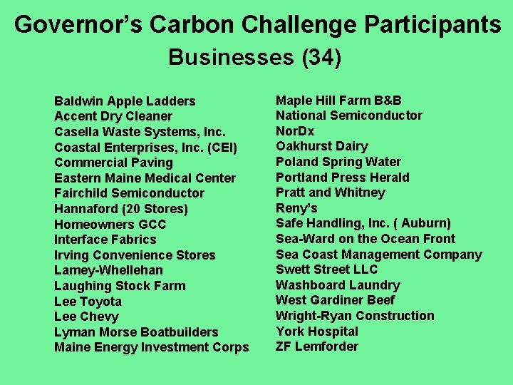 Governor’s Carbon Challenge Participants Businesses (34) Baldwin Apple Ladders Accent Dry Cleaner Casella Waste