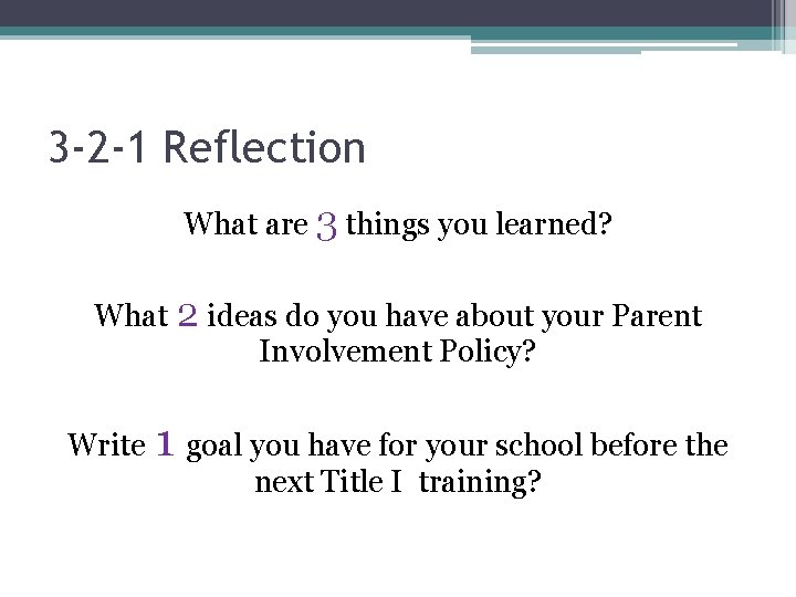 3 -2 -1 Reflection What are 3 things you learned? What 2 ideas do