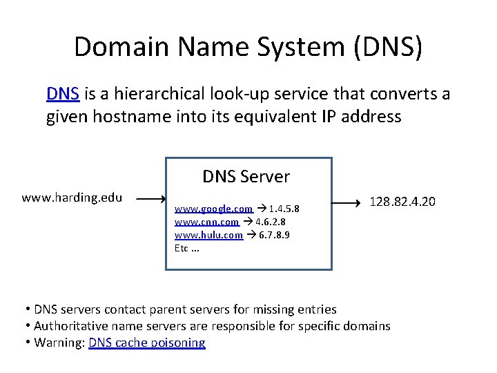 Domain Name System (DNS) DNS is a hierarchical look-up service that converts a given